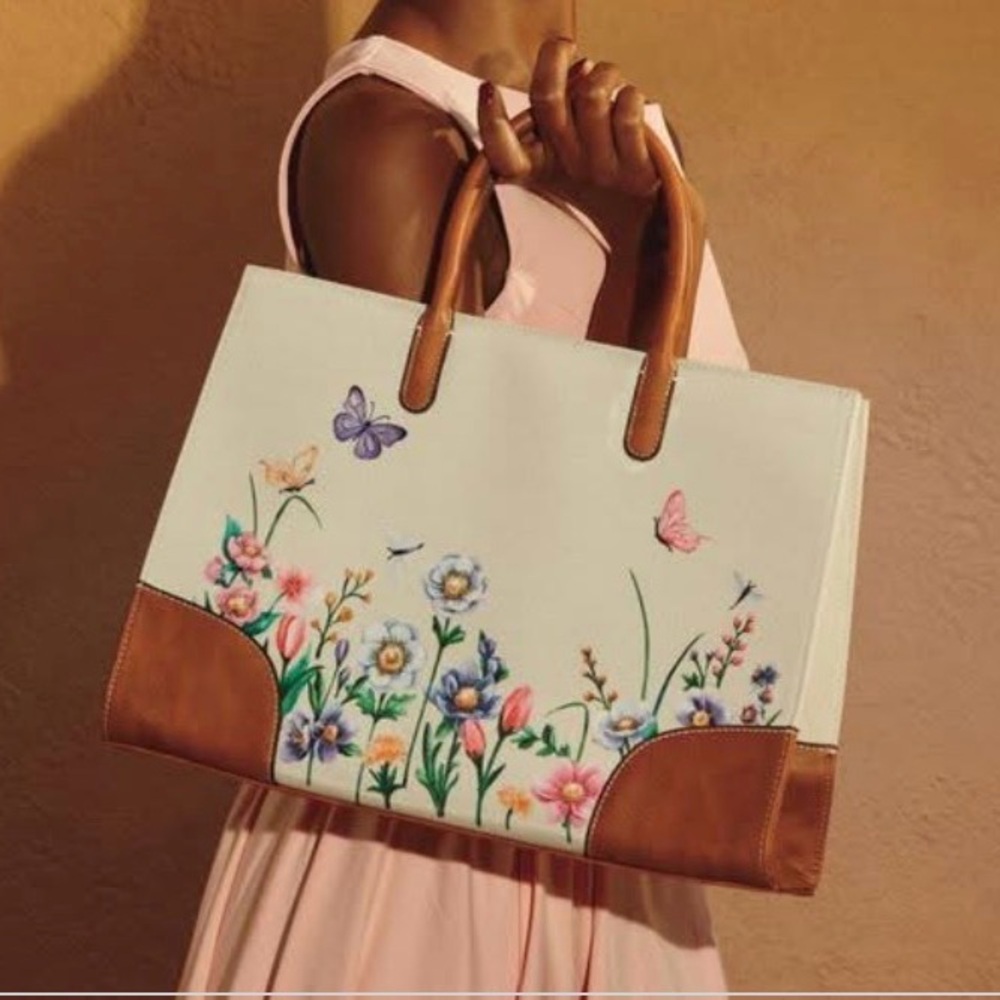 Floral Embroidered Tote Bag - Cream and Brown